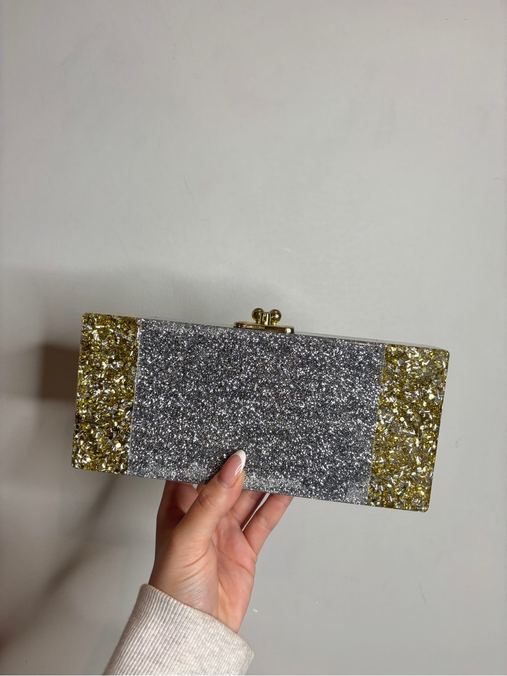 Ashlyn’d Starla Box Acrylic Clutch Silver Gold Shimmer